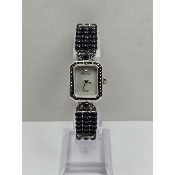 Vintage Lucoral Diamond Quartz Watch Black Onyx Beads Marcasite MOP New Battery main image 5